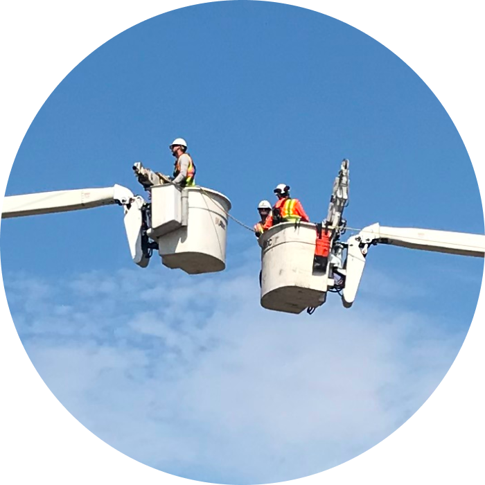 Line technicians working in bucket trucks